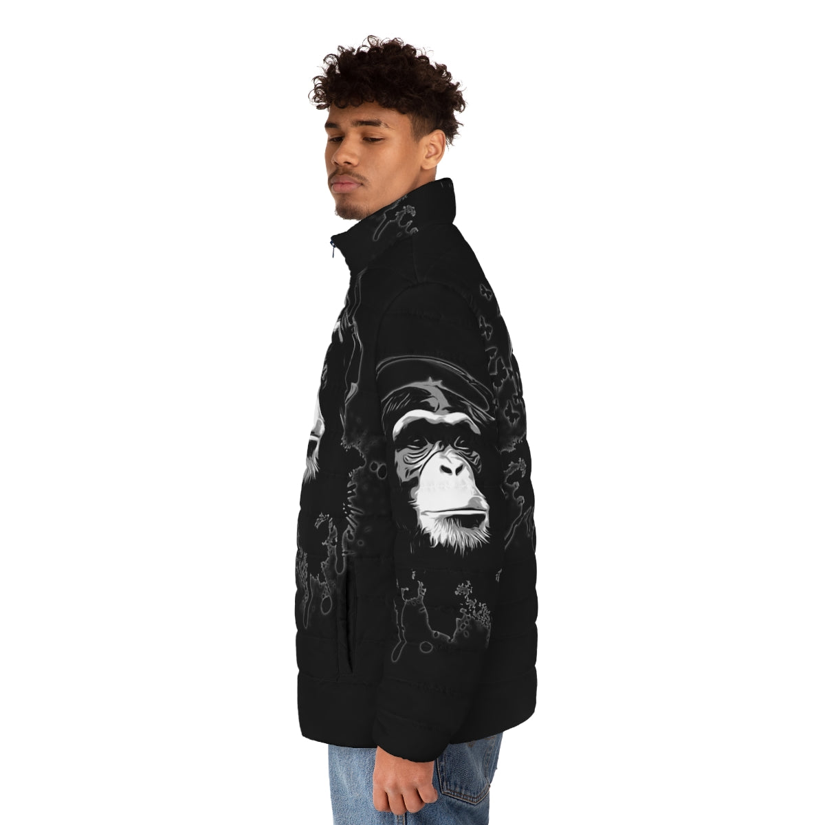 A black puffer jacket with a graffiti-style design and nature-inspired elements like butterflies - men side left