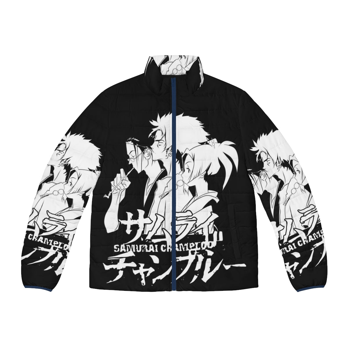 Samurai Champloo anime-inspired puffer jacket with cyberpunk design