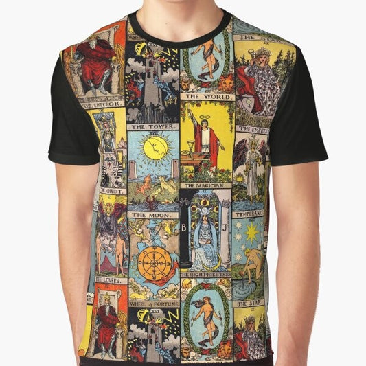 Graphic t-shirt with vintage-inspired tarot card design featuring the major arcana symbols of the tarot deck.