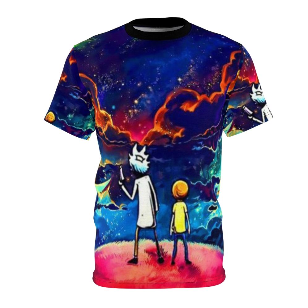 A colorful, all-over-print t-shirt featuring a design inspired by the popular adult cartoon series "Rick and Morty".