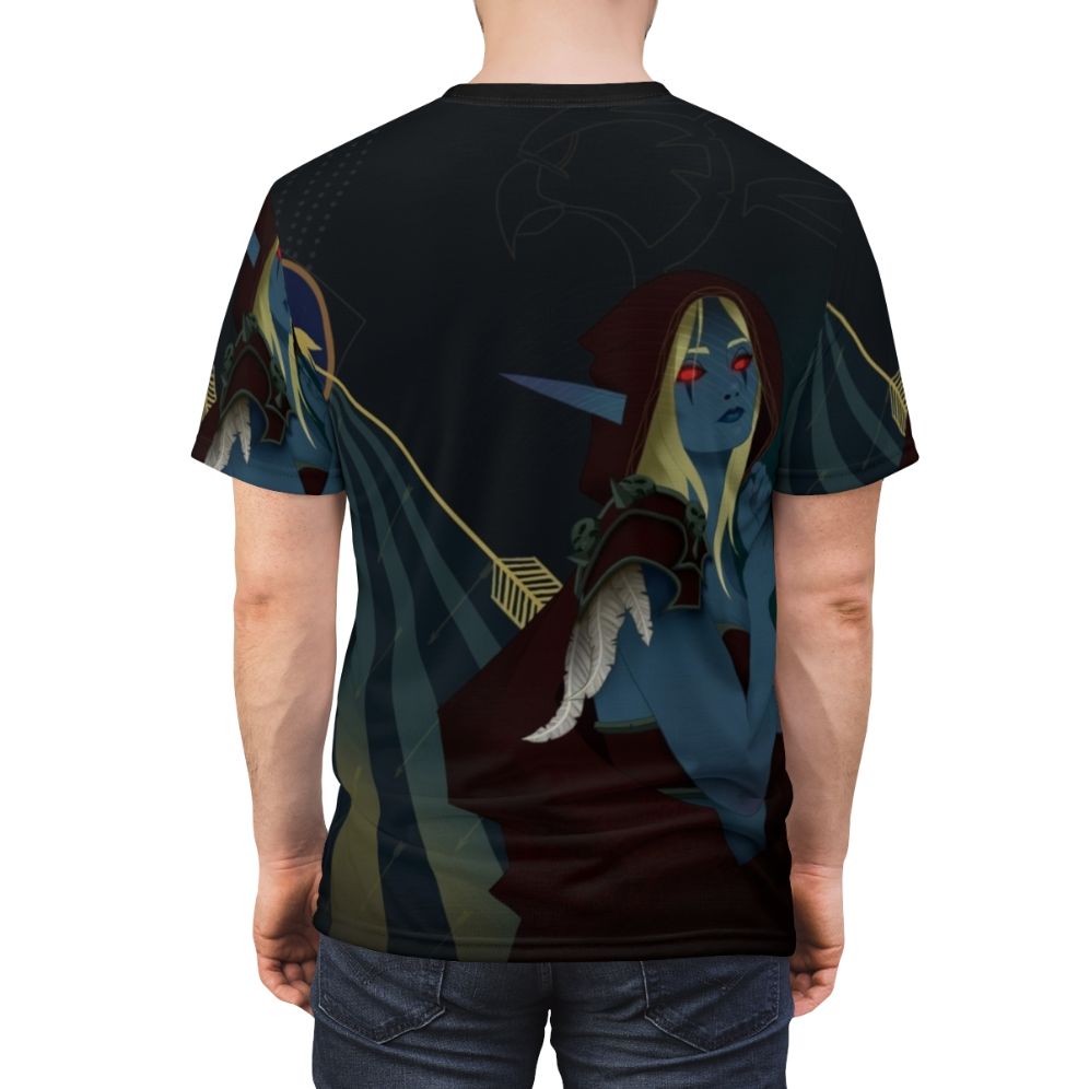 Stylized fantasy tarot card t-shirt featuring an illustration of Lady Sylvanas Windrunner from the Warcraft universe - men back