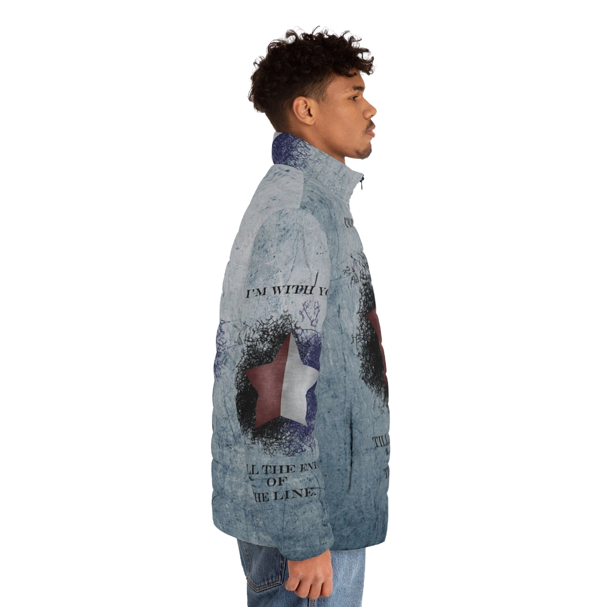 "A puffer jacket featuring the 'I'm With You Till the End of the Line' quote from Captain America: The Winter Soldier" - men side right