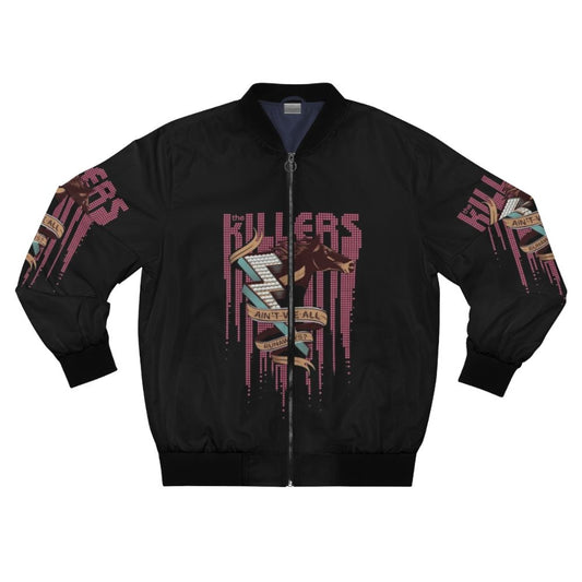 Retro 1980s Hall and Oates inspired bomber jacket with lyrics and music-inspired graphic designs