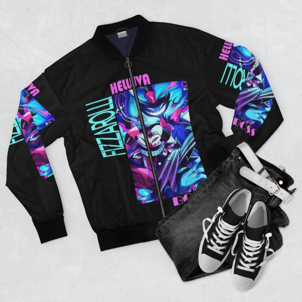 Fizzarolli Helluva Boss inspired bomber jacket with anime-style graphics - Flat lay