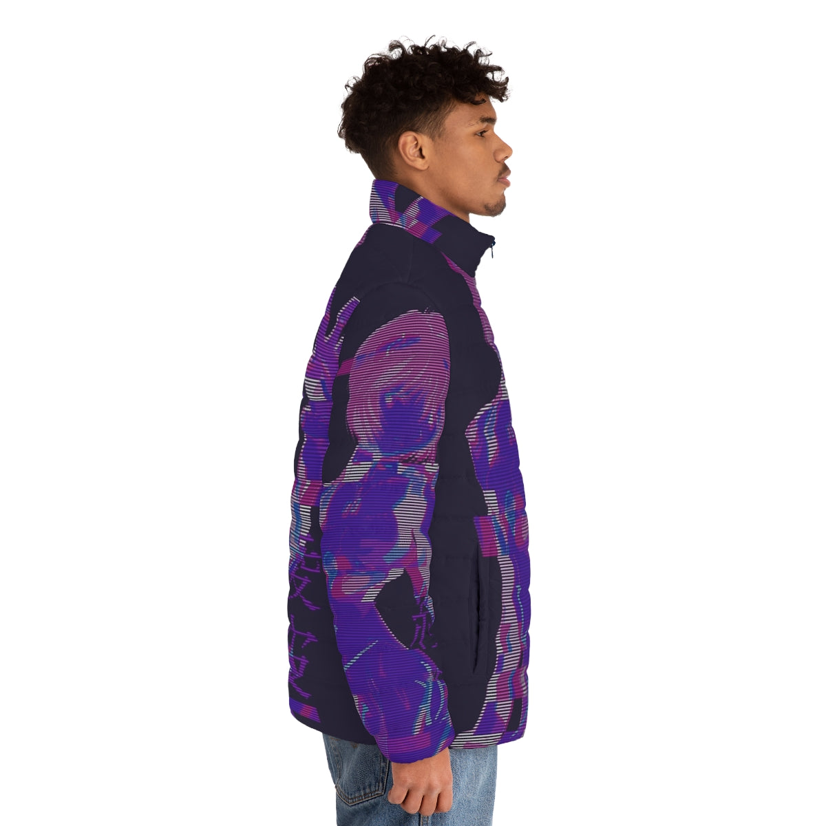 E V W V R E I 2 Puffer Jacket with anime and vaporwave inspired graphic design - men side right