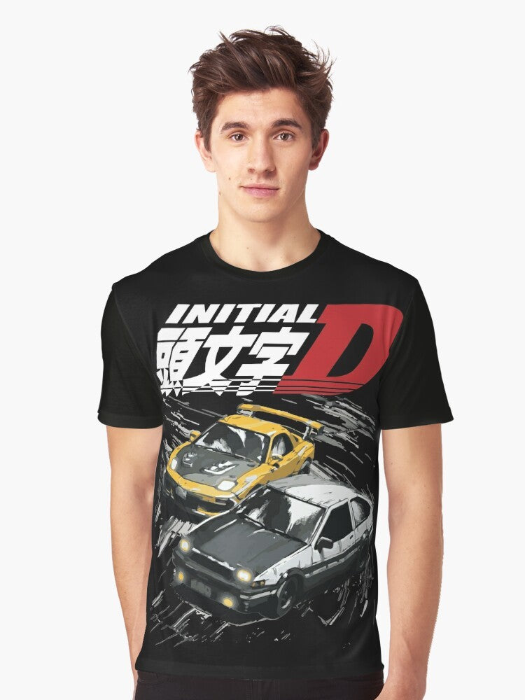 Graphic t-shirt featuring the iconic Initial D AE86 and FD RX-7 drifting cars - Men