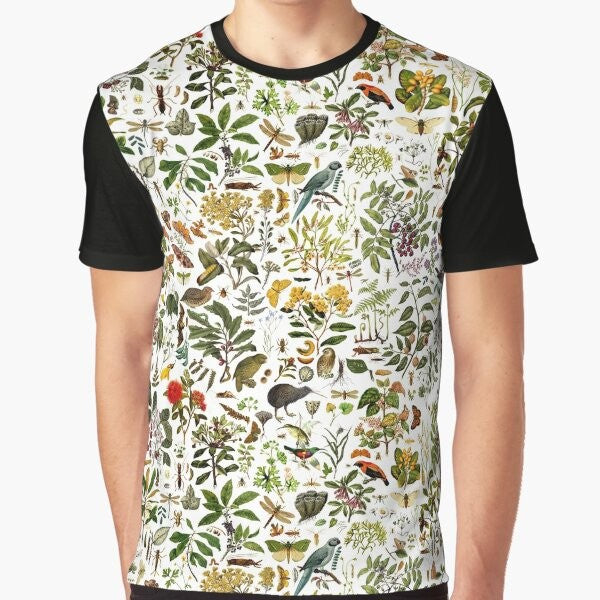 New Zealand biology graphic t-shirt with a collage design featuring butterflies, birds, insects, and native flora and fauna.