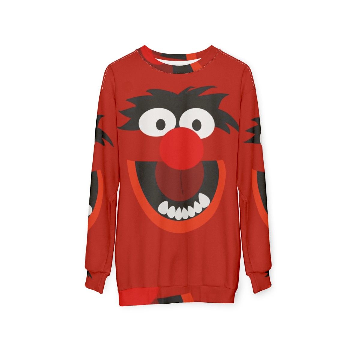 Colorful animal sweatshirt with muppets inspired cartoon creature design - hanging