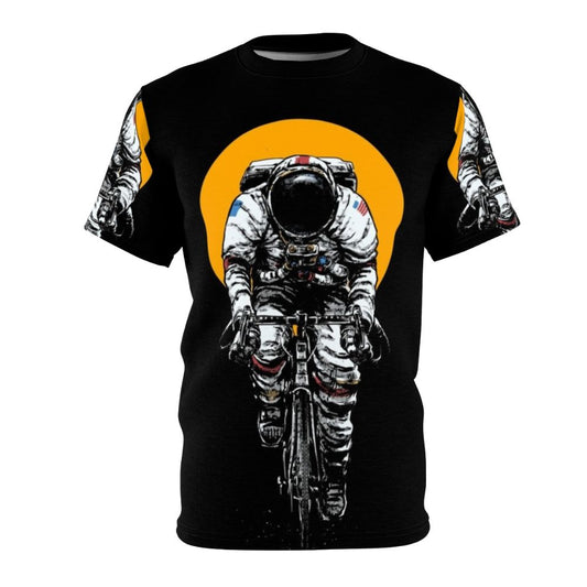 Cycling-inspired t-shirt with a space-themed design featuring an astronaut riding a bicycle in the cosmos.