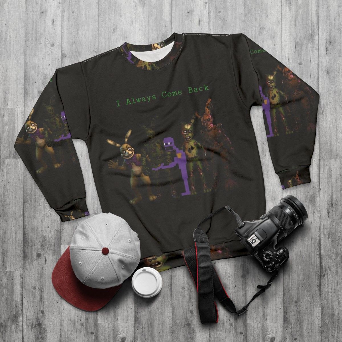 "I Always Come Back FNAF Afton Springtrap Sweatshirt" - flat lay