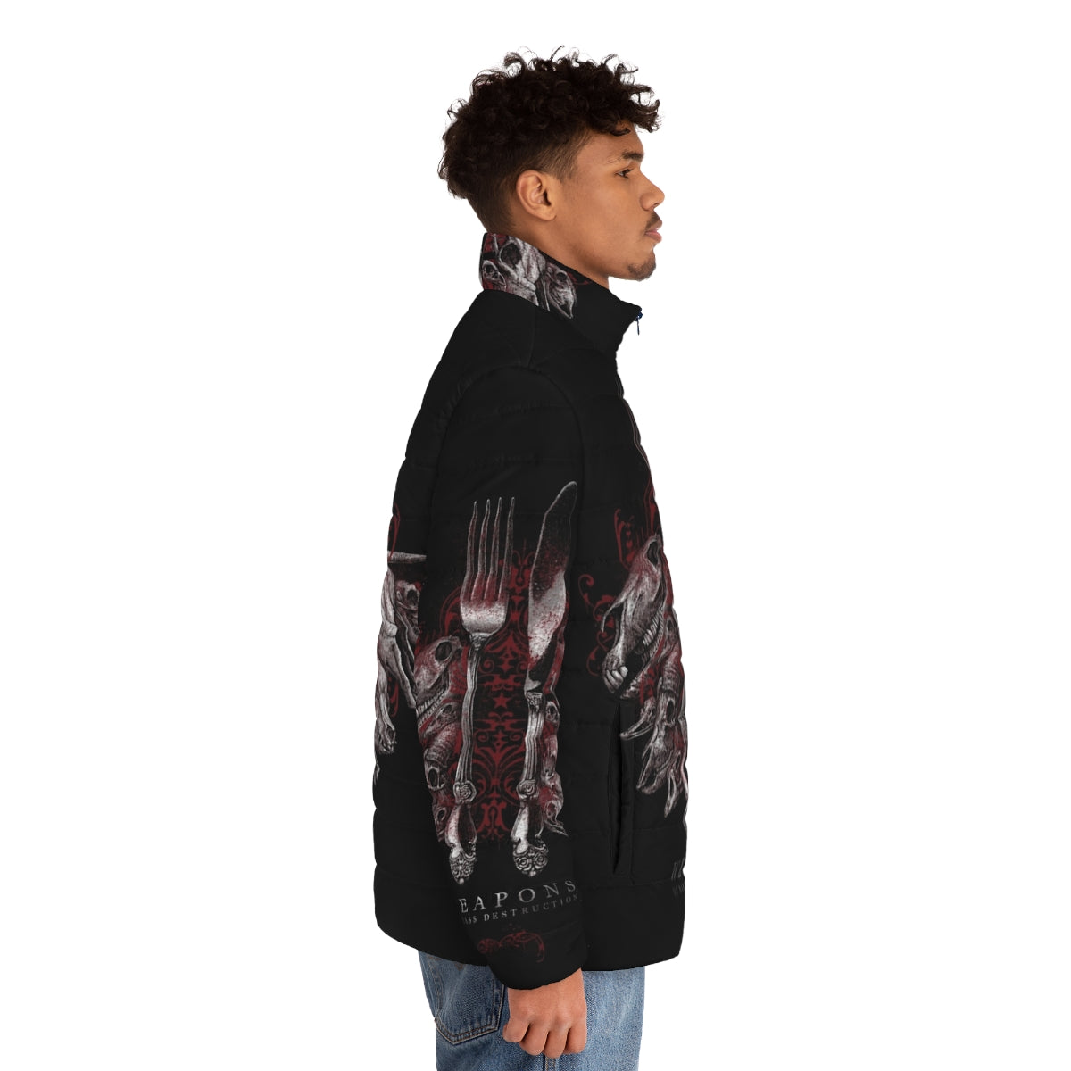 Puffer jacket with weapons and skull design, focus keyword: puffer jacket - men side right