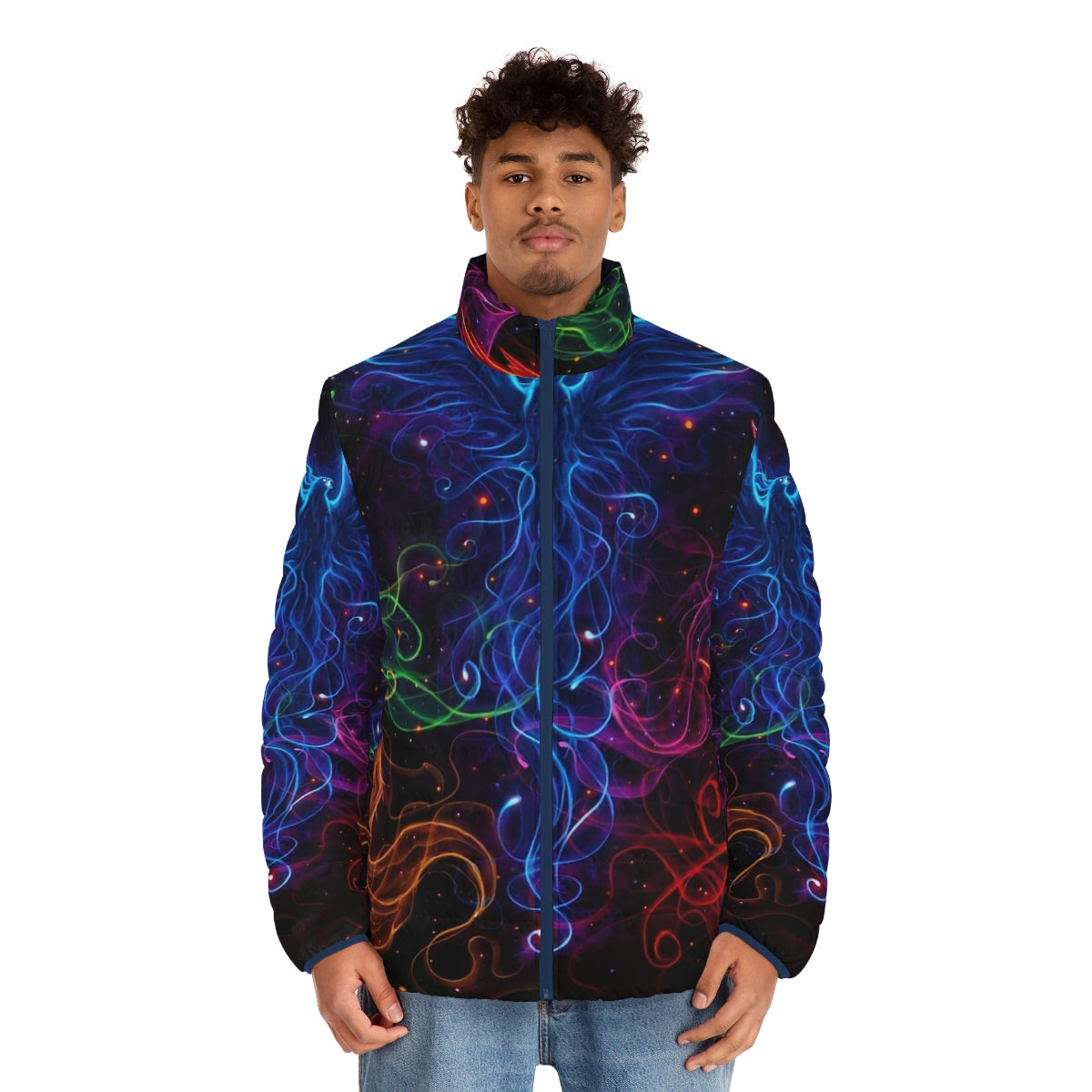 Colorful puffer jacket featuring a phoenix design against a vibrant sky - men front