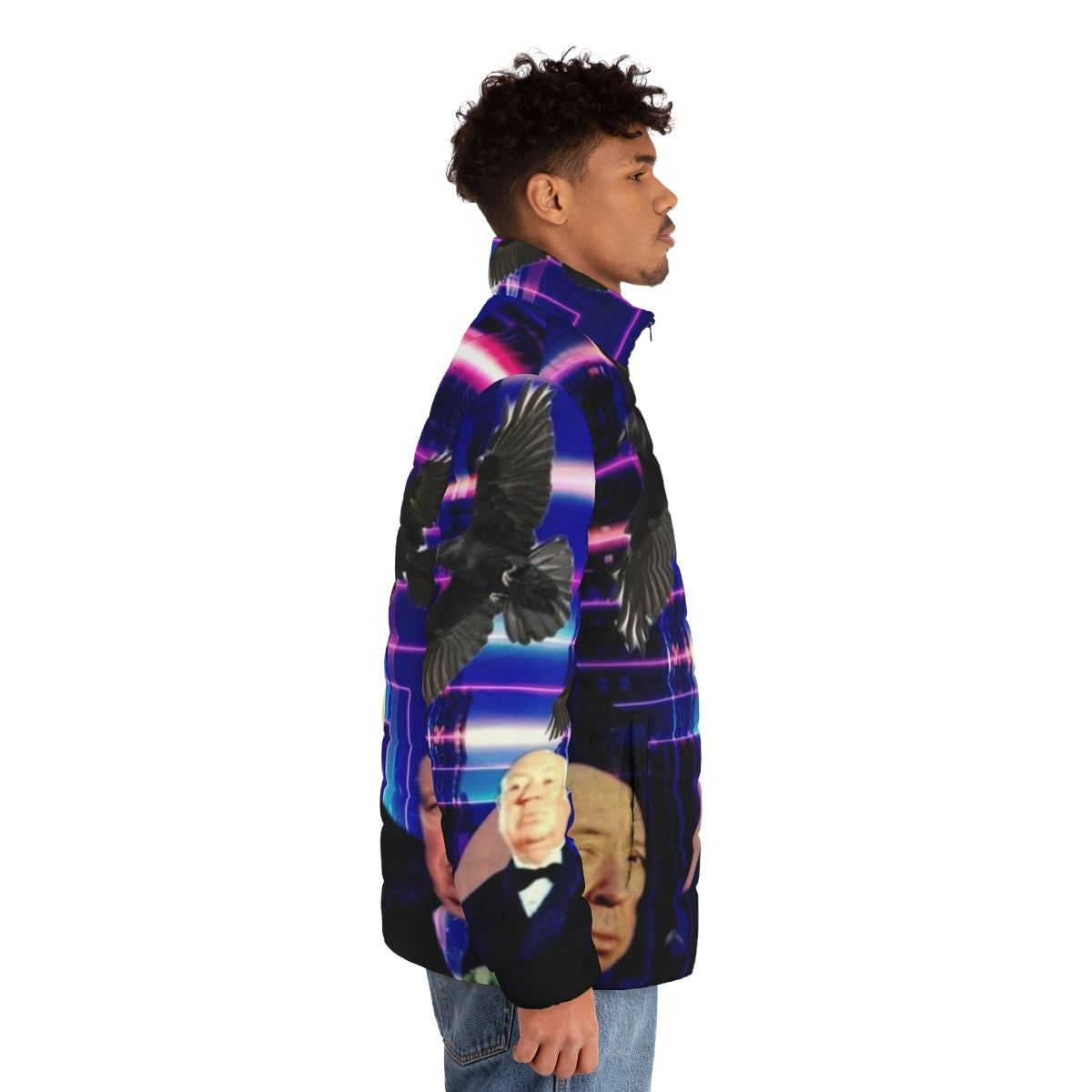 Alfred Hitchcock inspired puffer jacket with fan art design - men side right