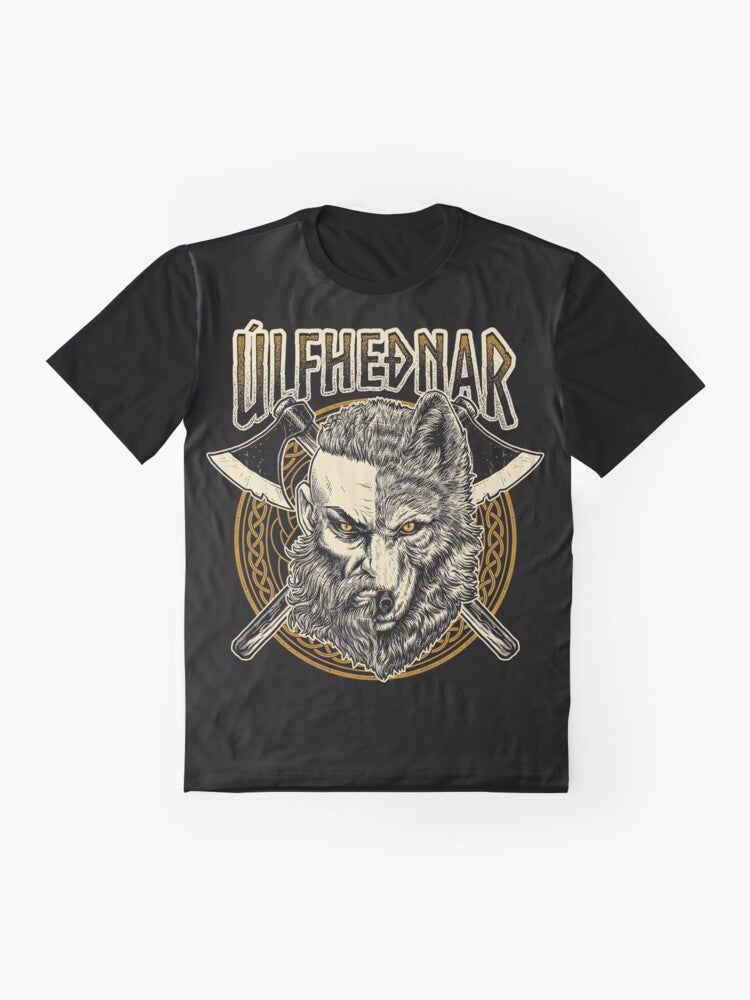 Graphic t-shirt featuring a viking ulfhednar warrior with norse pagan runes and symbols. - Flat lay