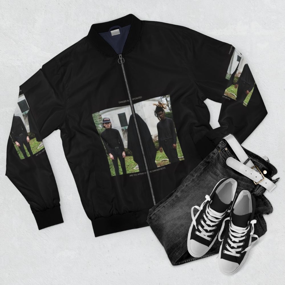 Danger Bomber Jacket with Music, Birds, and Diamonds - Flat lay