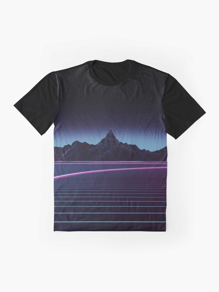 A retro-inspired t-shirt featuring a graphic design of a highway through a mountainous landscape, with a neon and gridline aesthetic reminiscent of 80s synthwave and vaporwave styles. - Flat lay