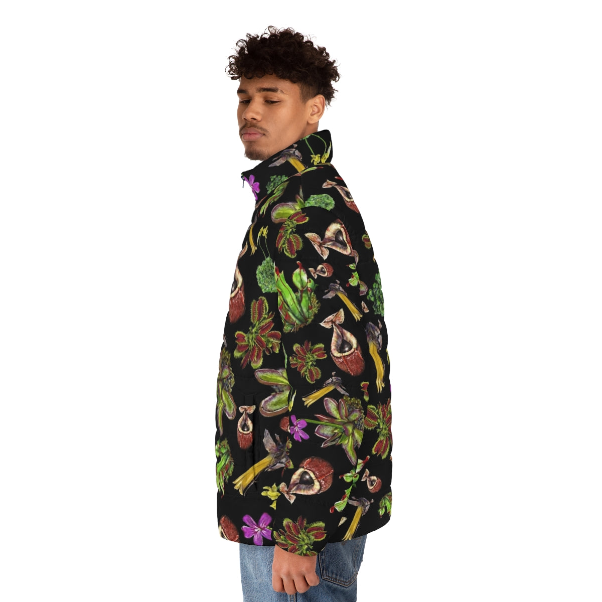 Carnivorous plants puffer jacket with black background - men side left