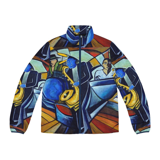 A puffer jacket with a music-inspired design, featuring saxophone, drums, and conga imagery.