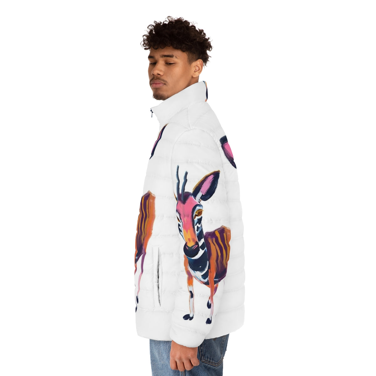 Okapi-print puffer jacket to support endangered species - men side left