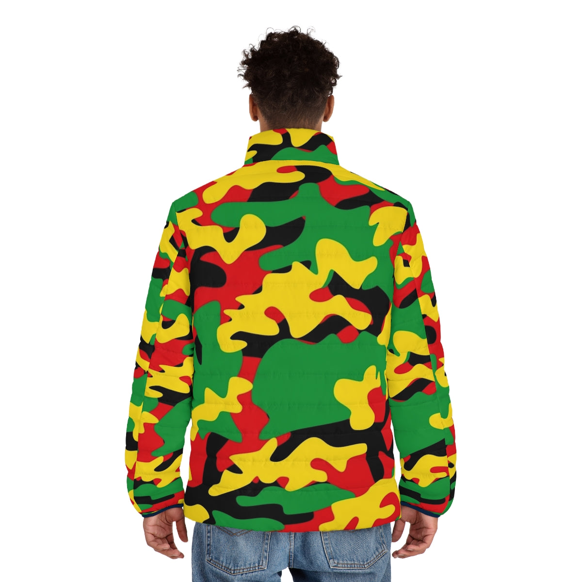 Reggae camouflage puffer jacket with red, yellow, green, and black colors - men back