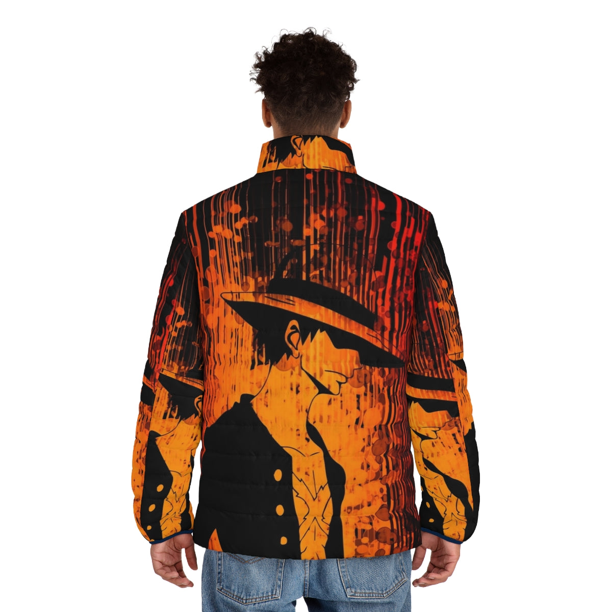 Gum Gum Dark Side Anime Puffer Jacket featuring a demon design for manga and anime enthusiasts - men back