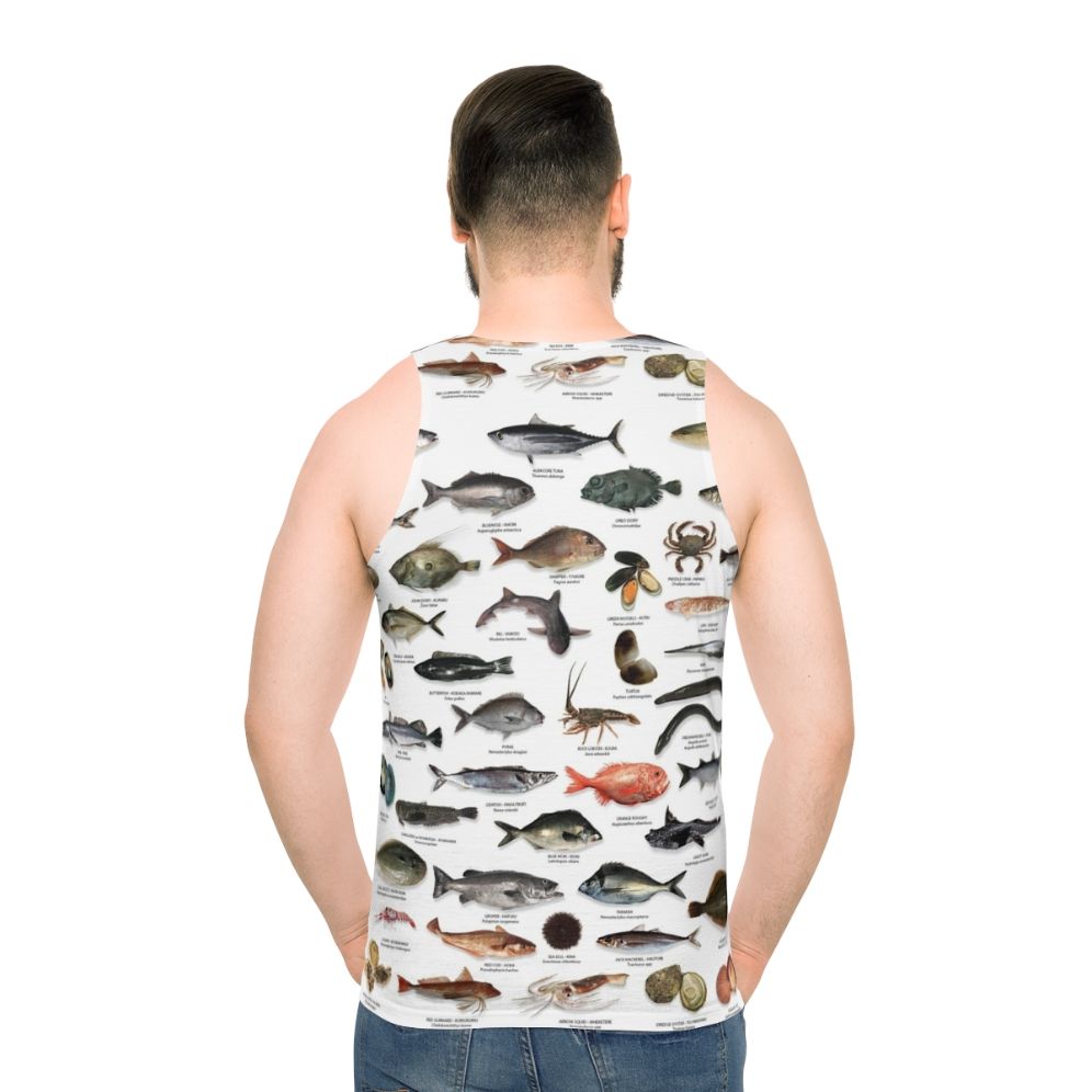 Unisex tank top featuring New Zealand fish species design - men back