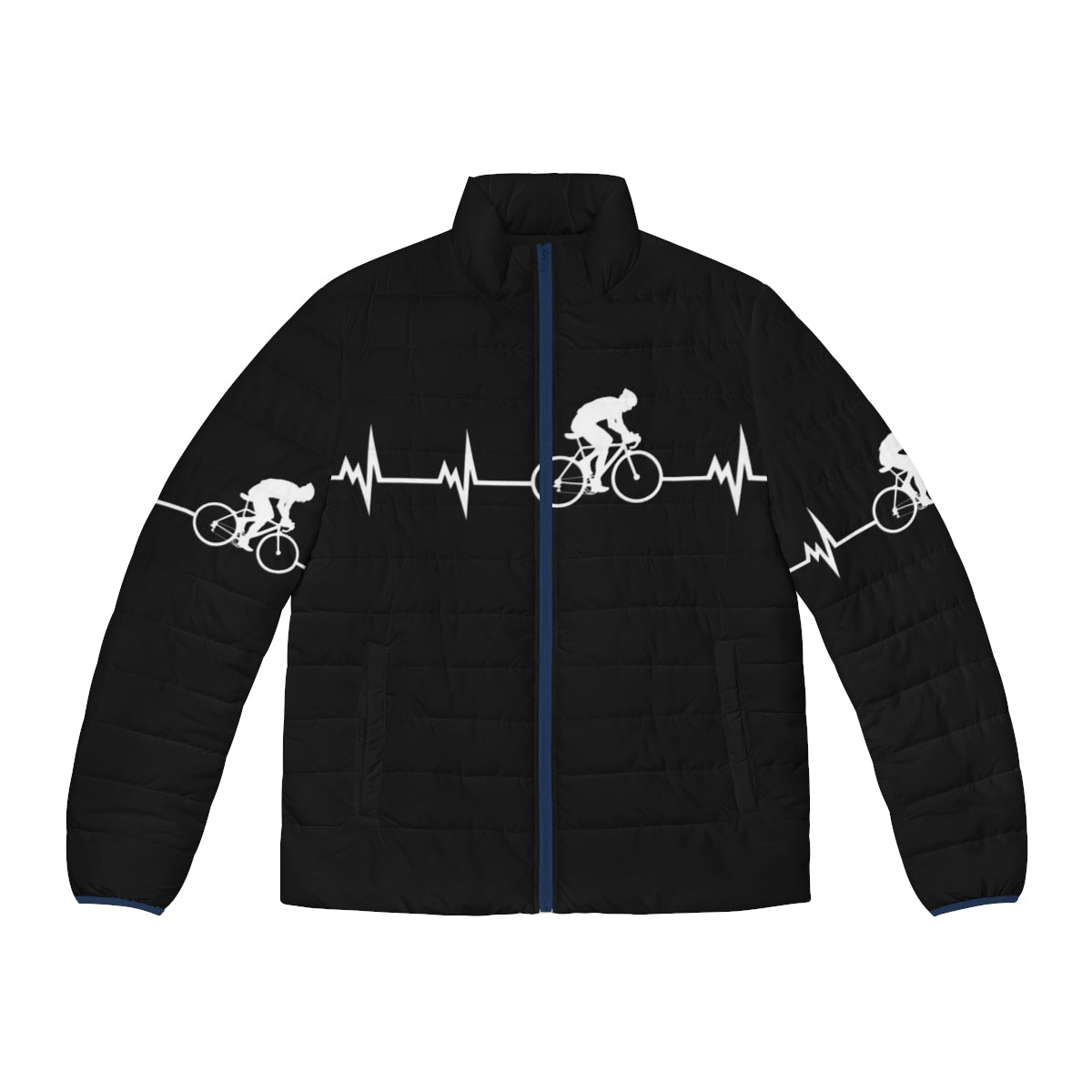 A person wearing a cycling puffer jacket with a heartbeat design