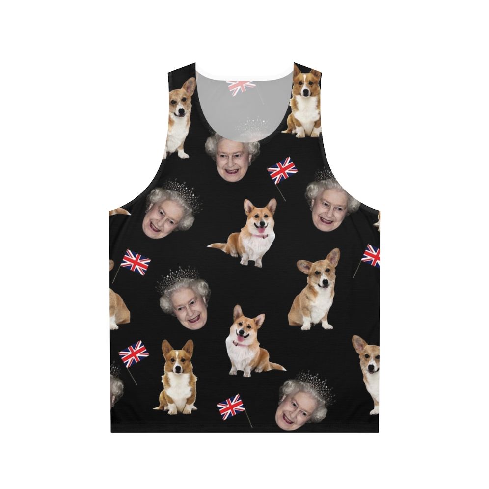 Unisex tank top featuring a pattern design of Queen Elizabeth and her corgis