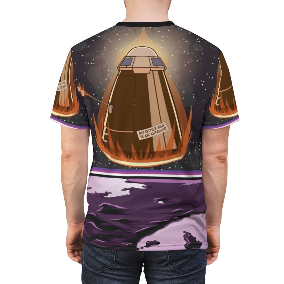 Galactic Adventure Print-on-Demand T-Shirt featuring a space-themed vector design with rockets, planets, and the universe - men back