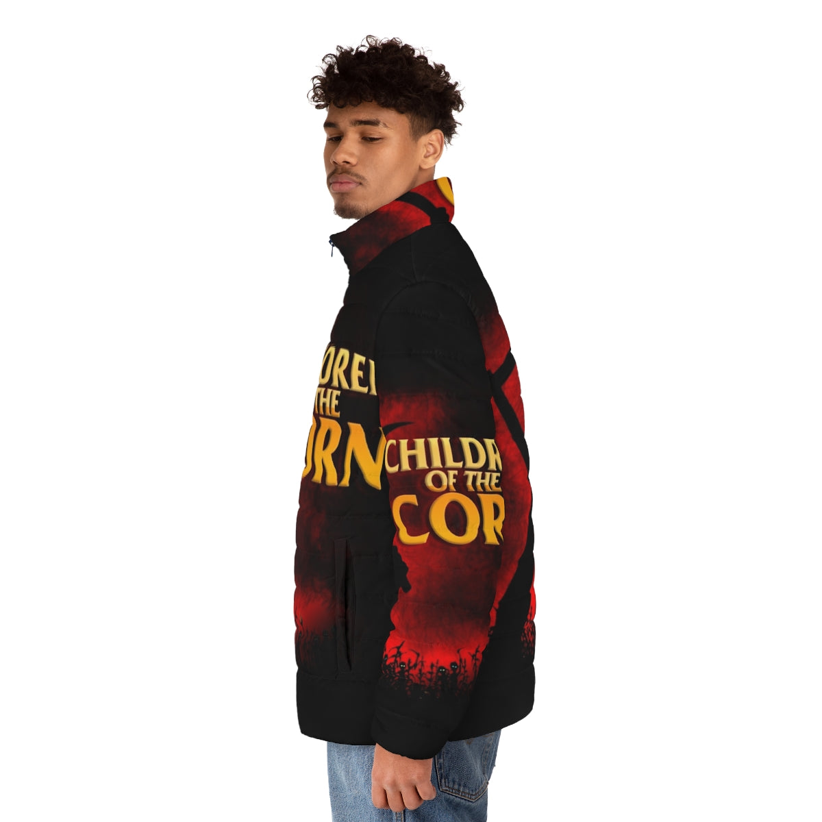 "Children of the Corn" inspired puffer jacket with horror movie imagery - men side left