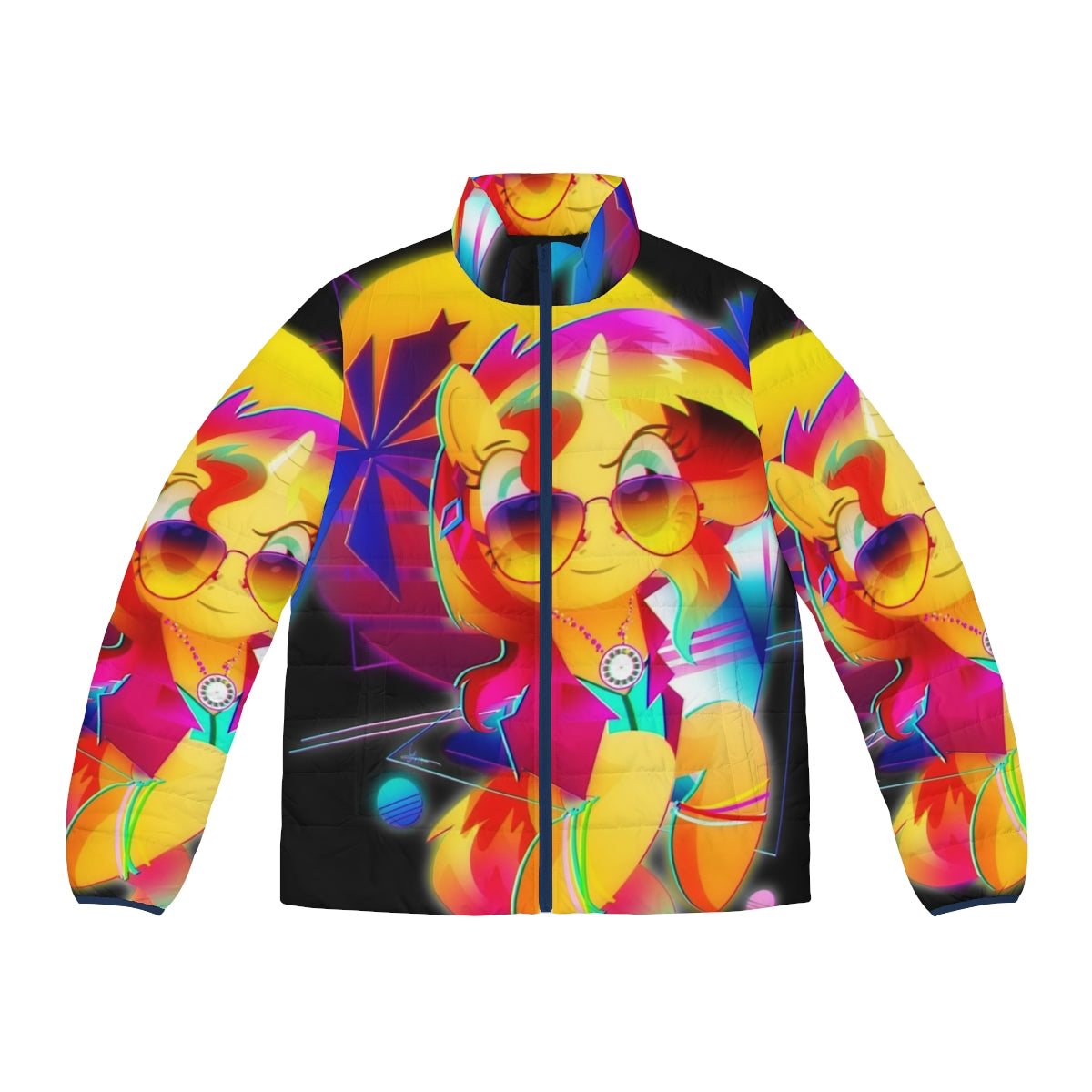 Sunset Shimmer inspired synthwave puffer jacket with retro 80s neon vaporwave design