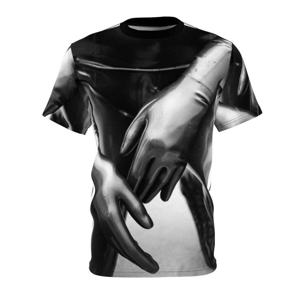 A black and white t-shirt design featuring a close-up of latex gloves with a shallow depth of field, creating an artsy and stylized look.