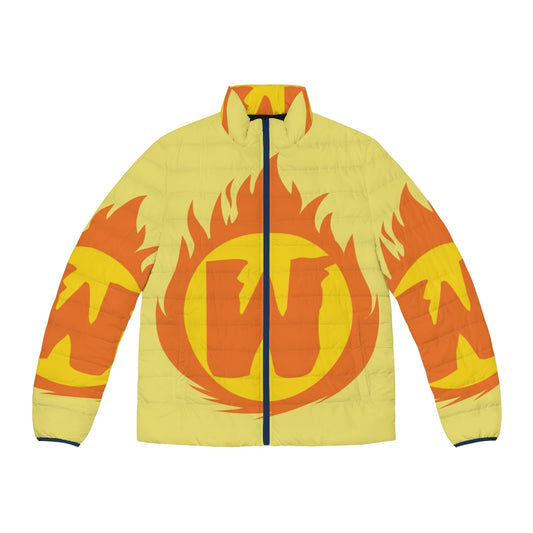 Superhero Letter W Fire Insignia Puffer Jacket with warm insulation and fire emblem design