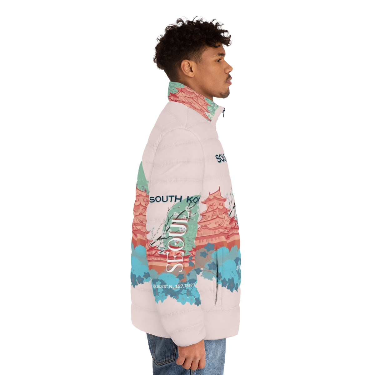 A stylish puffer jacket featuring a travel-inspired art design depicting the cityscape of Seoul, South Korea. - men side right