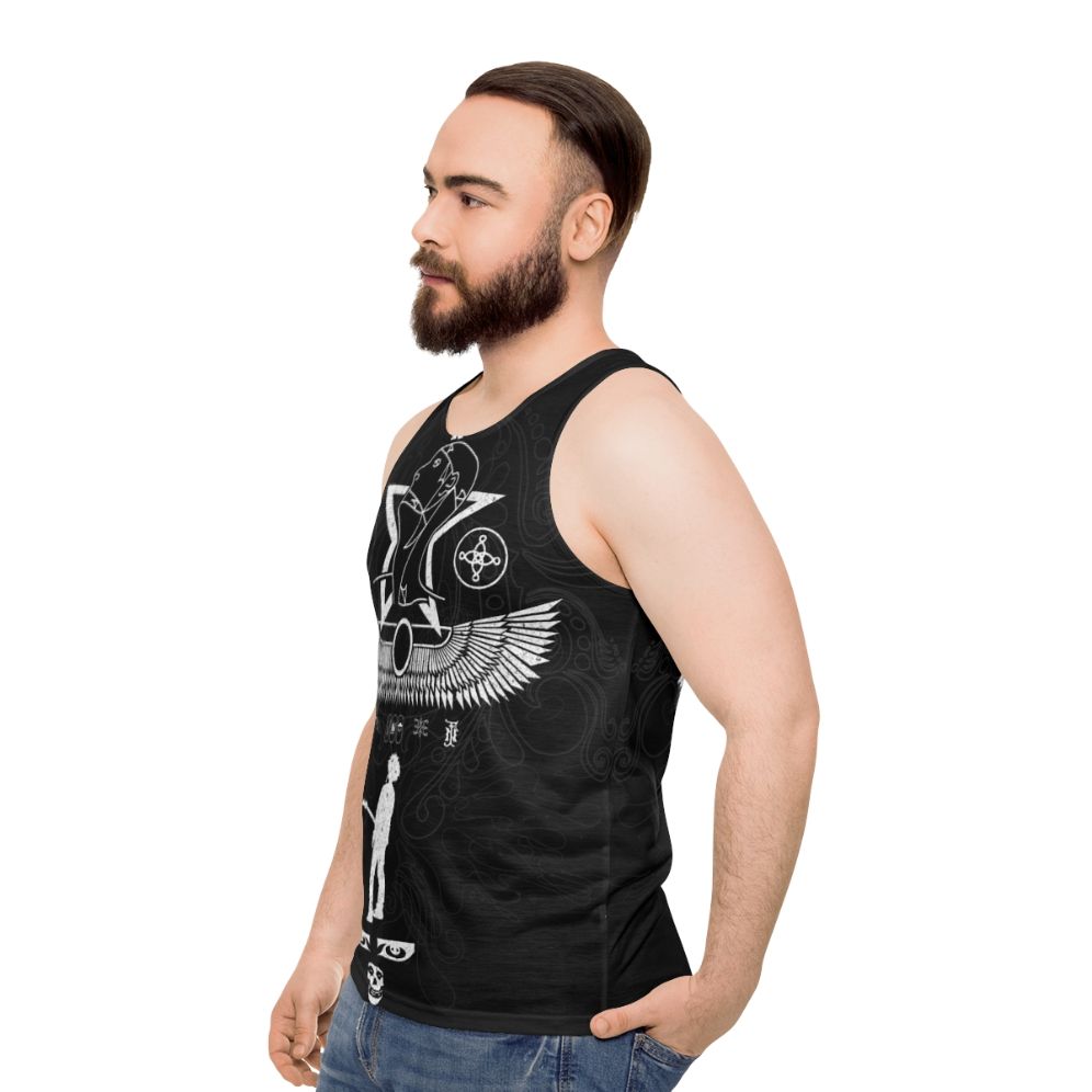 Unisex goth tank top with 80s goth band logos - men side