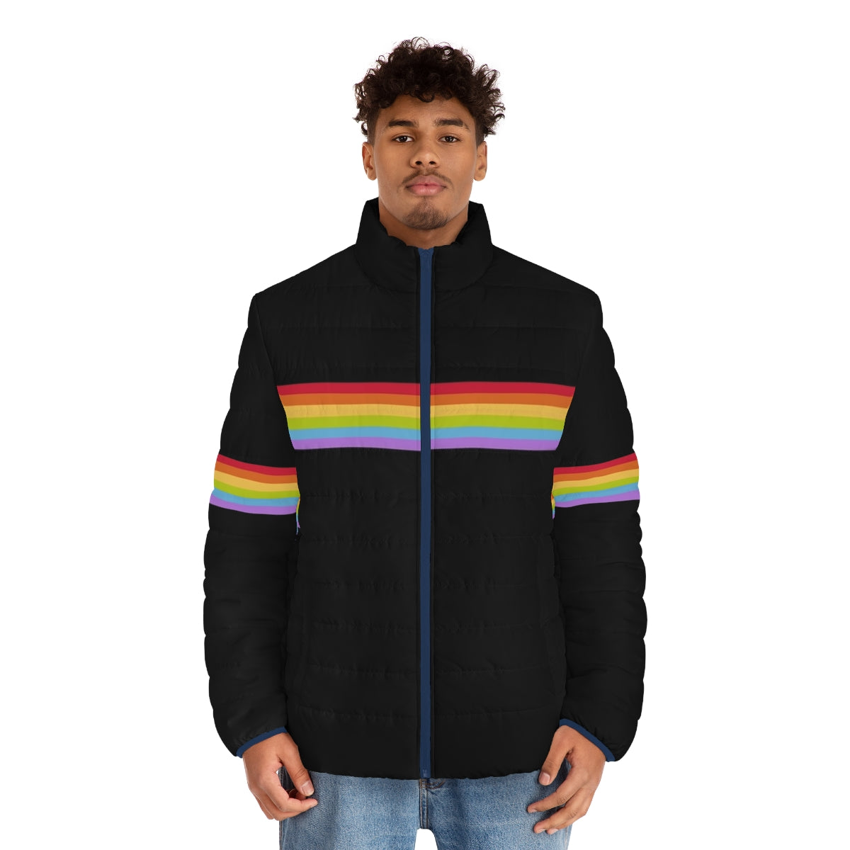 Gay pride puffer jacket with rainbow stripes and bold, colorful design - men front