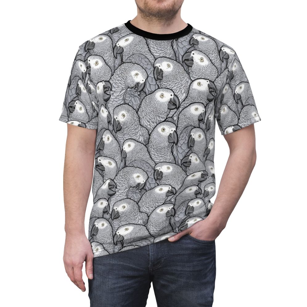 Vibrant artistic design featuring an African grey parrot in its natural habitat - men front