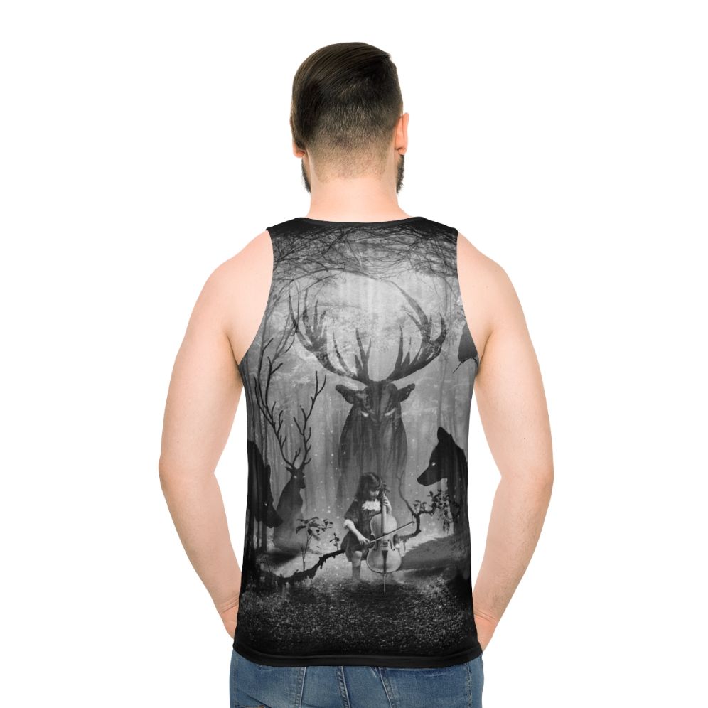 Unisex tank top featuring a forest scene with musical instruments and wild animals - men back