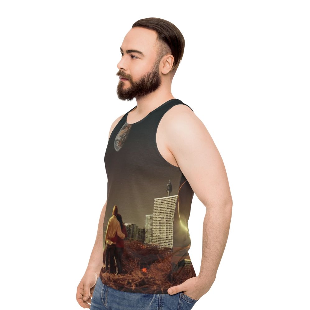 Surreal unisex tank top featuring a couple in a retro-futuristic urban landscape - men side