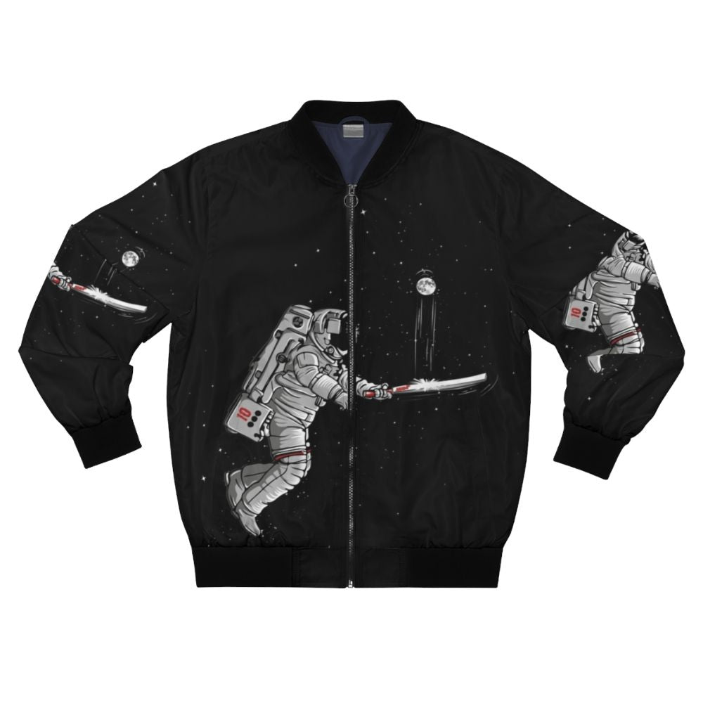 Space Cricket Bomber Jacket with graphic design of cricket player in space suit exploring the galaxy