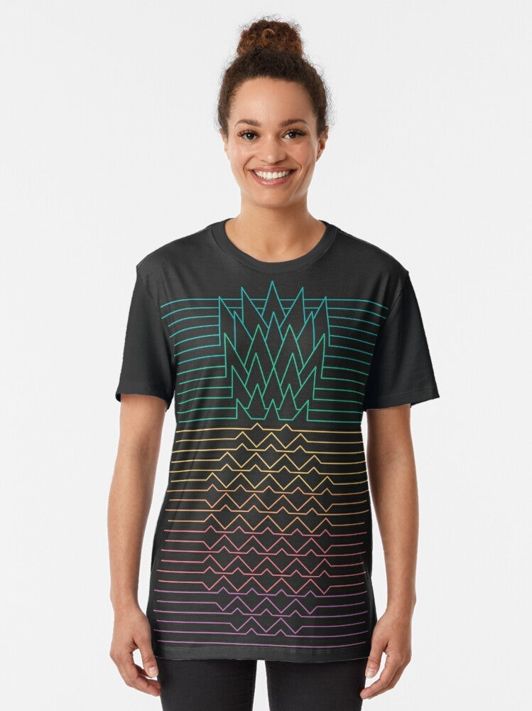 Hala Kahiki vintage synth graphic t-shirt featuring a minimalist pineapple design in tropical colors - Women