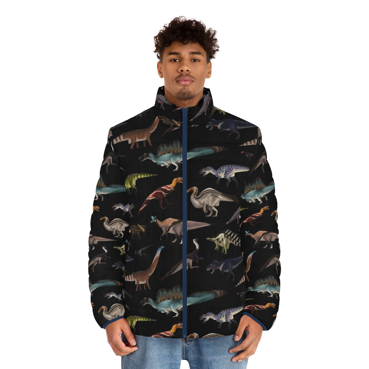 Dinosaur puffer jacket with tyrannosaurus rex graphic - men front