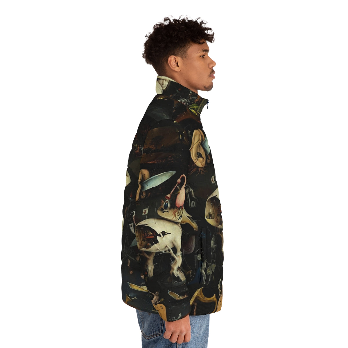 Hieronymus Bosch inspired puffer jacket featuring surreal, fantasy, and Christian imagery - men side right