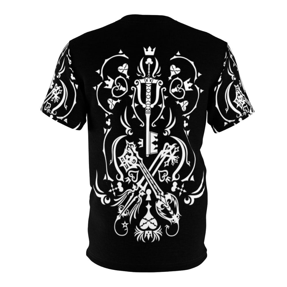 Black all-over-print t-shirt featuring Kingdom Hearts inspired design for anime and video game fans - Back