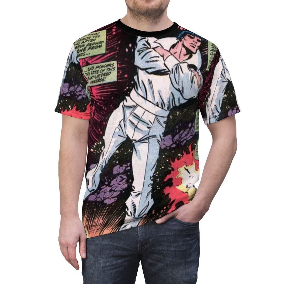 Cosmic superhero comic art t-shirt with beyond space design - men front