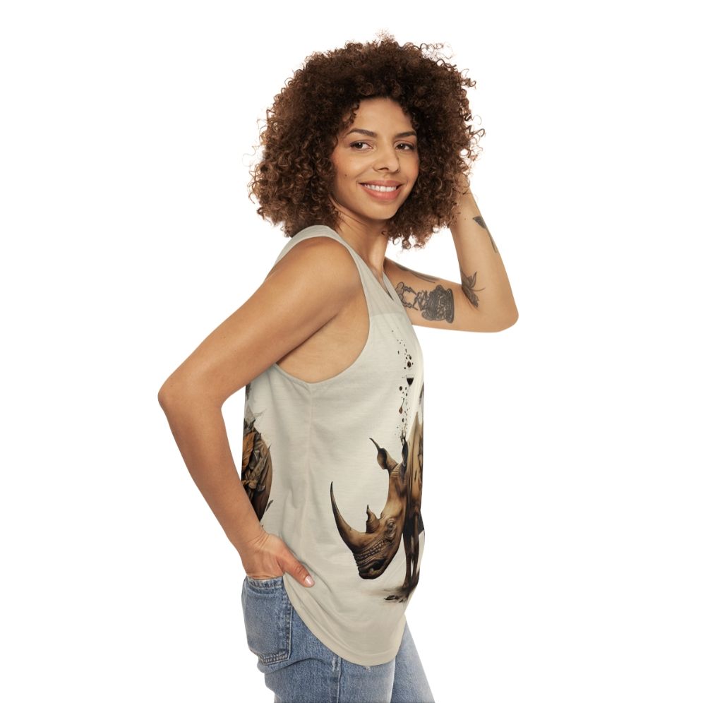 Rhinoceros with floral and botanical graphics on a unisex tank top - women side