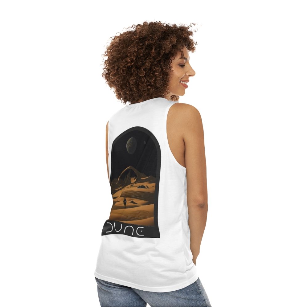 Dune-inspired unisex tank top with desert landscape design - women back