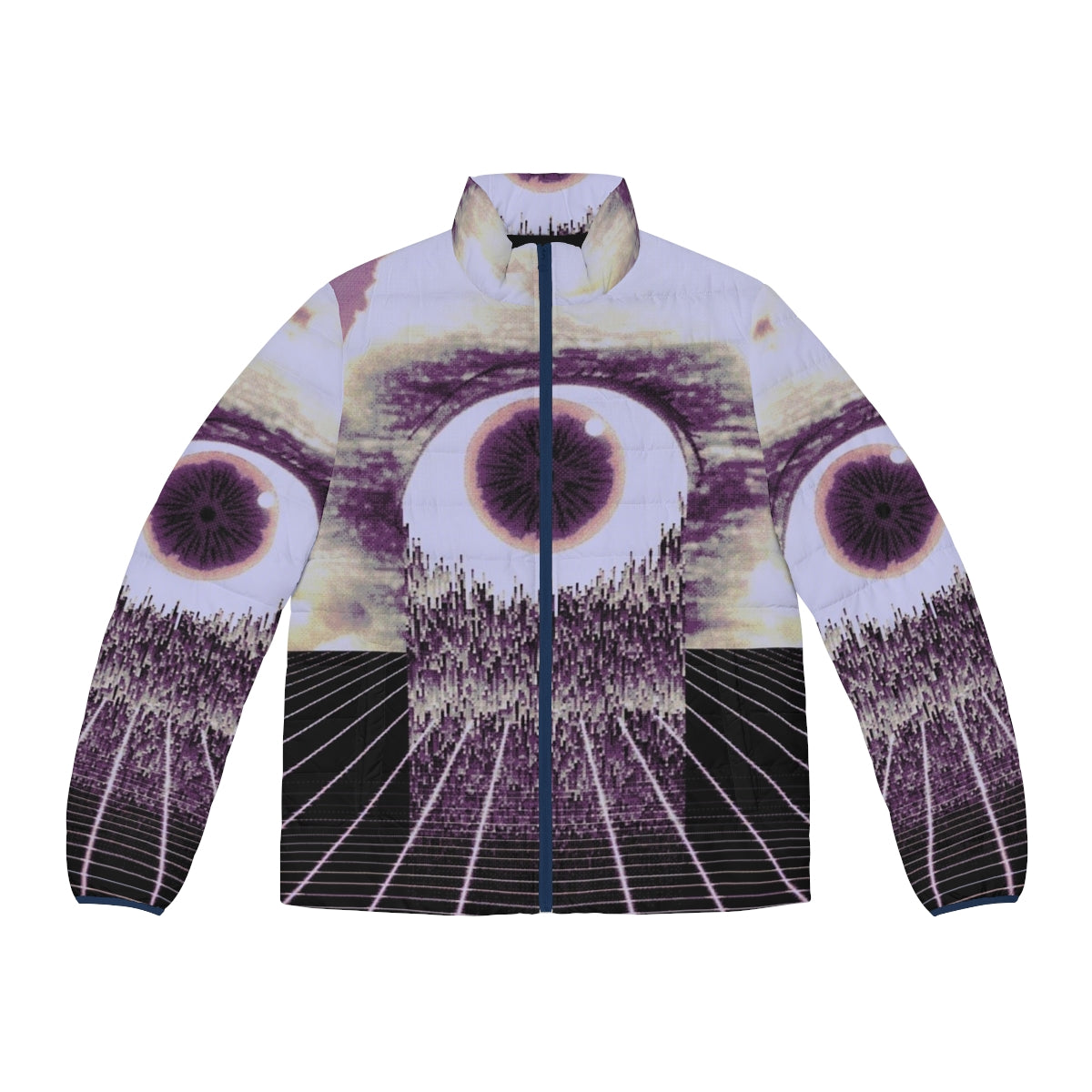 Puffer jacket with surreal glitch art and pixel design