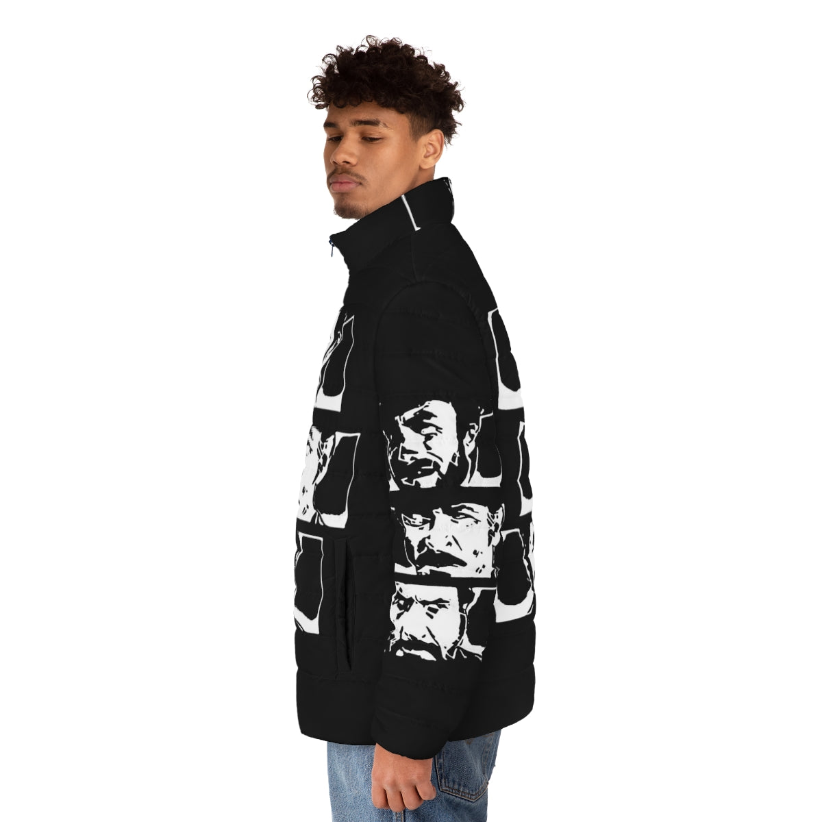 The Good, The Bad and The Ugly Puffer Jacket featuring iconic Sergio Leone spaghetti western movie design - men side left