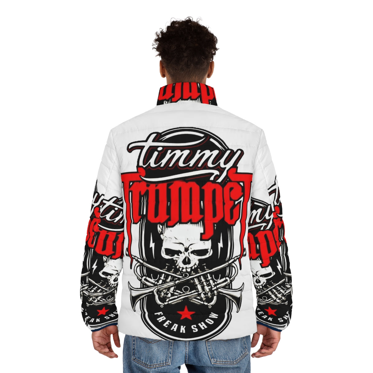 A grunge-inspired puffer jacket featuring a skull design, perfect for Timmy Trumpet and Hardwell fans. - men back